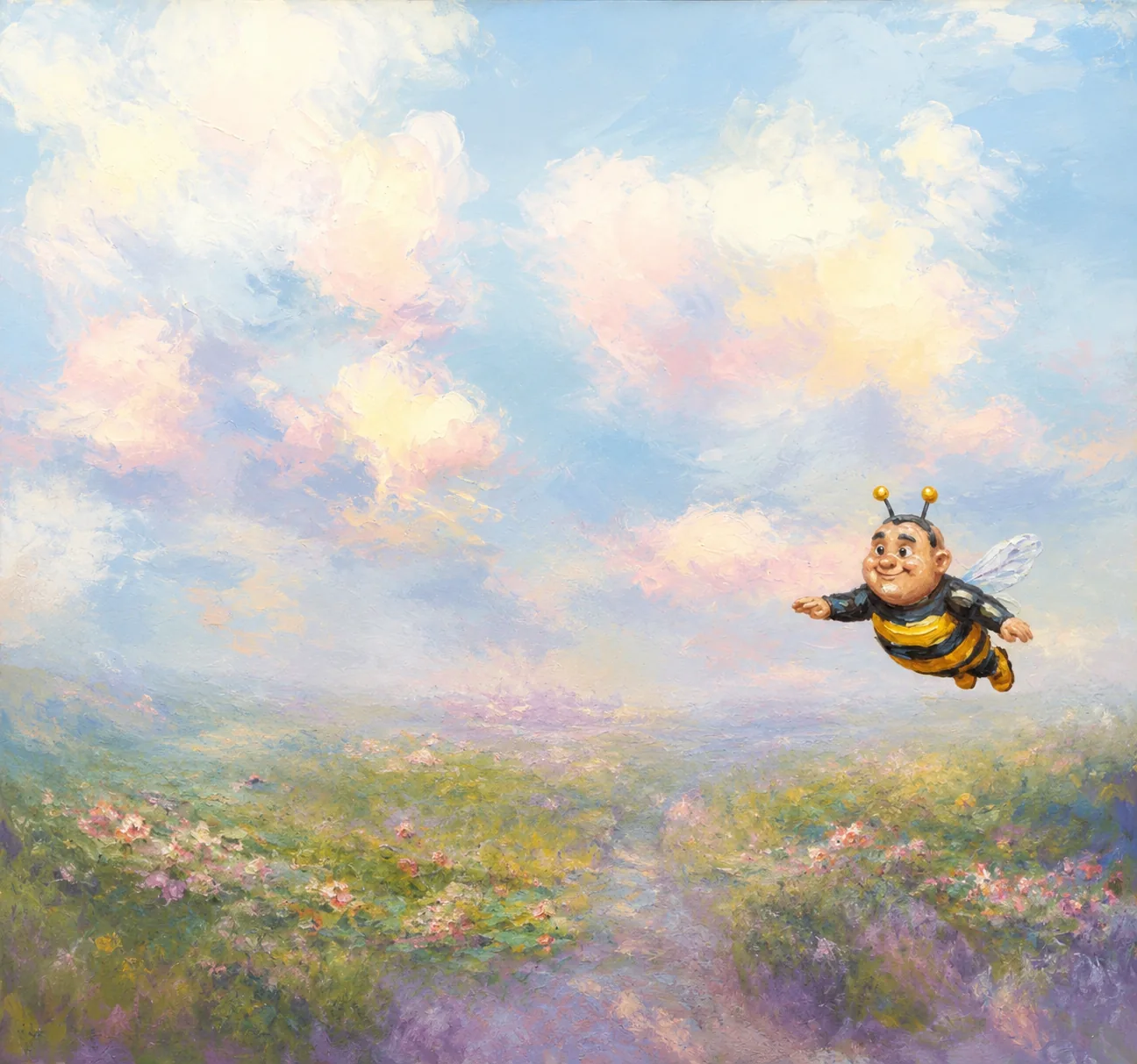 Geschilderde illustratie van een bij die over een bloemenveld vliegt