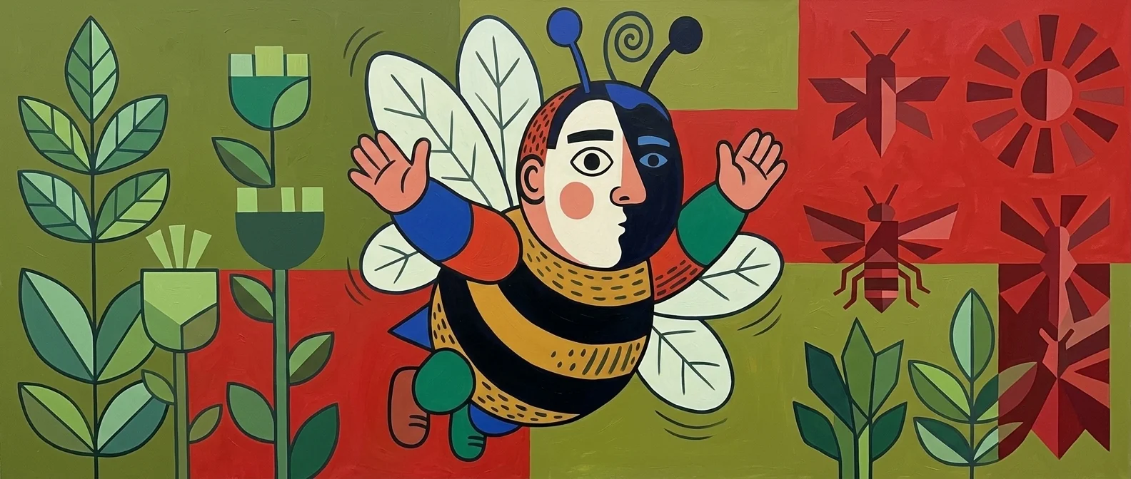 Geschilderde illustratie van een bij met een mensengezicht die tussen planten en geometrische insecten vliegt